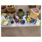 Vases, bowls, sunflower cookie jar, wood box, candles, print
