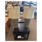 PAIR OF 31.5” TABLE LAMPS, GREEN BASE WITH WOVEN DESIGN