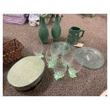 6 green glass tumblers, 4 green glass plates, Andrea pitcher (chipped), 2 textured glass bottles, bee box