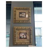TWO DOG PICTURES AND FRUIT PLASTER PICTURE