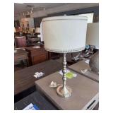 STEIN WORLD BRUSHED NICKLE LAMP WITH OFF WHITE SHADE WITH TAC TRIM AND SILVER MARBLED ROUND URN STYLED LAMP WITH CREAM SHADE