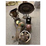 Lot of decorative balls, bowls, clock, wall candelabra, large metal vase decor, large platter dwcor