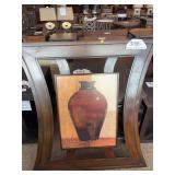 LARGE METAL URN WALL HANGING , LARGE METAL GRAPE VINE WALL HANGING AND LARGE WOODEN ABSRACT PICTURE