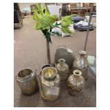 Mercury glass vases, lantern jar, artificial floral arrangement