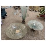 Large glass bowl, etched frosted glass vase with matching pedestal dish (base is damaged)