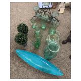 Metal candle holder, green glass vases, pair of plastic ball leaves