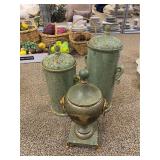 Pair of ceramic jars 15”-18”, cast lidded jar on base