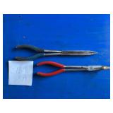 Snap-on red handle 90 needle nose pliers and blue handle long reach pliers