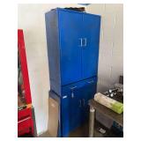 Blue metal cabinet 4 doors, 1 drawer, lower doors lock, 32”w x 14”d x 79”h, excludes all contents