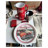 Snap-On collector items: wall clock, cup, knife, toolbox measuring tape