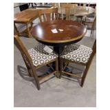 BASSETT PEDESTAL TABLE & 3 COUNTER HEIGHT STOOLS( has some finish damage)