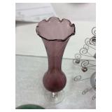 Miscellaneous items , light purple glass vase , Christmas tree decoration , golf ball water glob,small Mikasa Christmas bowl , candle holder,glass ball cork top, octagonal brass and glass trinket box 