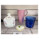 Westmoreland “Beaded Grape” pattern candy dish with lid , Longaberger  Horizon of Hope pink travel coffee mug ,cobalt blue glass stamped with 500 made in France and scent heart