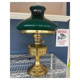 Aladdin Nu-Type Model B Brass lamp with electric converter and green glass shade 24” tall