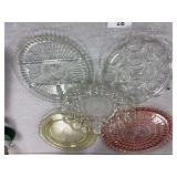 Vintage pink depression glass platter , clear glass deviled egg platters , divided plate and yellow depression glass