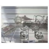 Clear glass candle holders, glass baskets, glass covered boxes