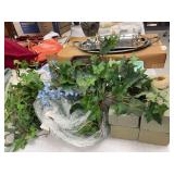 Vintage flower frogs ( one is a blue ribbon), cast iron planter, Haeger Planter, styrofoam , artificial ivy and floral stem