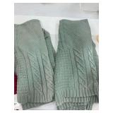 2 green Pottery Barn blankets, large red pillow