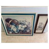 Framed floral picture(has some damage), steamboat picture