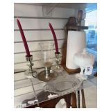 Paper towel holder, milk glass covered candy dish, pair of candle holders, clear glass dish