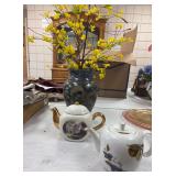 2 vintage teapots and glazed pottery vase signed by Crane with artificial forsythia branches