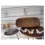 Mikasa clear glass bowl, basket, Wooden lazy susan, 3 china butterflies