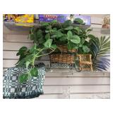 Table runner , wicker and metal basket with greenery, small wicker chair , Charter Club waste basket and box of birthday cards