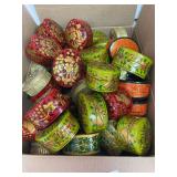 Box of Kashmir India PAK YAK, hand made and painted oval and round lidded boxes, green, orange, red and gold, 23 metal round, 4 small round paper mache, 29 oval paper mache