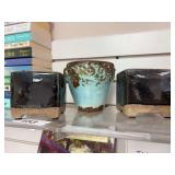 Miscellaneous pots , fur lined coaster set, kitchen utensils , & taper candles