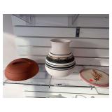 Terra Cotta 8” round baker, 9.5” signed pottery vase, pottery wall hanging