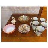5 hand painted Japan  tea / coffee cups, 2 fireking bowls , iridescent flower bowl , plate and duck