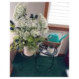 2 metal plant stands, floral arrangements, watering can snowman planter, planter