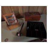 Metal cash drawer, vintage cigarette box, carved box, gavel