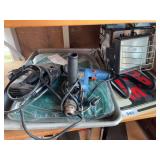 1/2” electric drill, halogen light, sabre saw, tarp, tray