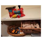 Vintage  Fisher•Price Huffy Puffy Toy Train, Toy Cars, Jenga, Lego, Plastic Container, Baskets