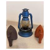 Little Wizzard lantern and antique iron along with a #6 OBER cast iron