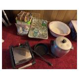 Canning jars, granite bowls, iron skillet, panini press, Wearever aluminum pot
