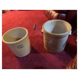 5 gal Uhl crock with handles, 3 gal Marshall Pottery crock