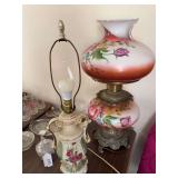 Large hurricane lamp with broken top shade 28” tall, 27” hand painted lamp base