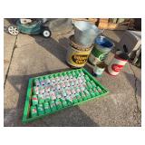 Falls City Beer trash can, Double Cola tin, Quaker State Oil metal bucket, Crush syrup can, 2 galvanized buckets, plastic pail, 7-up can display