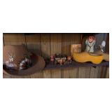 Cowboy hat, cheetah rug, wooden shoes, miniatures, Aldon Japan house figure (damage on ear), monkey ceramic figure, wooden carved mug