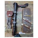 Pocketknives, Schrade Multi Tool w/Case, Simmons Rifle Scope, Daisy Electronic  Point Sight, Wood Box w/Knife Sharpener