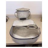 Vintage enamelware blue trim hospital bedpan , glass urinal , and white enamelware chamber pot bucket with lid and wooden handle