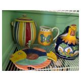 Beverage dispenser , butterfly pitcher , fish plate and large chicken planter