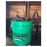 Chains , springs , hardware and miscellaneous in Menards bucket , hose reel , work gloves
