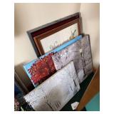 Several canvas nature prints, framed cross stitch, framed tiger picture