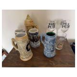 3 Budweiser steins, 2 ceramic steins, 2 stemmed pub glasses, Killians Red glass