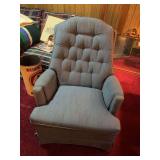 Mauve recliner, blue upholstered swivel arm chair