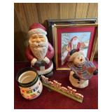 Santa statue, snowman, pictures