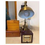 Small Lane cedar chest , souvenir piece of Robert’s Stadium Basketball floor , adjustable brass desk lamp and Tele-Vision Numechron Tymeter( uncertain of functionality and has damage on side )